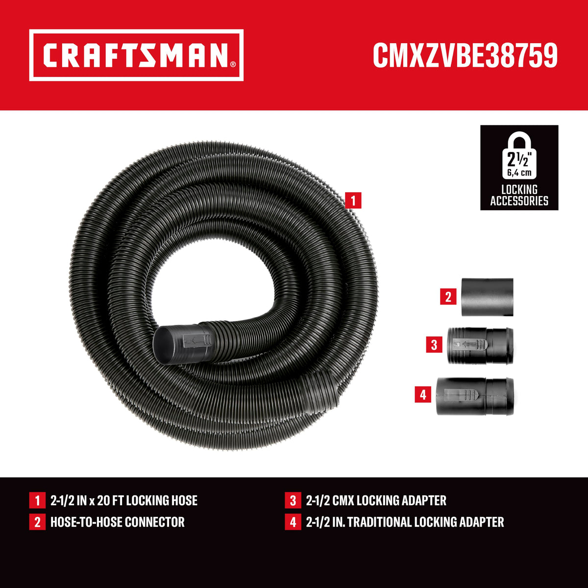 CRAFTSMAN CMXZVBE38759 2-1/2 in. x 20 ft. POS-I-LOCK Wet Dry Vacuum Hose