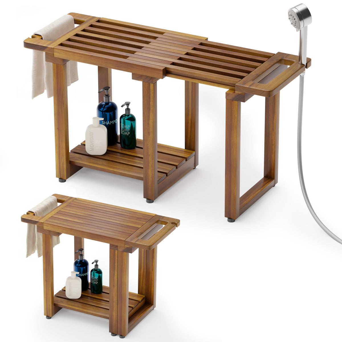 BLUEWEST Adjustable Shower Bench Stool for Inside Shower – 31.7'' Wood Bathroom Bench with Storage Shelf, Built-in Handle & Shower Head Holder