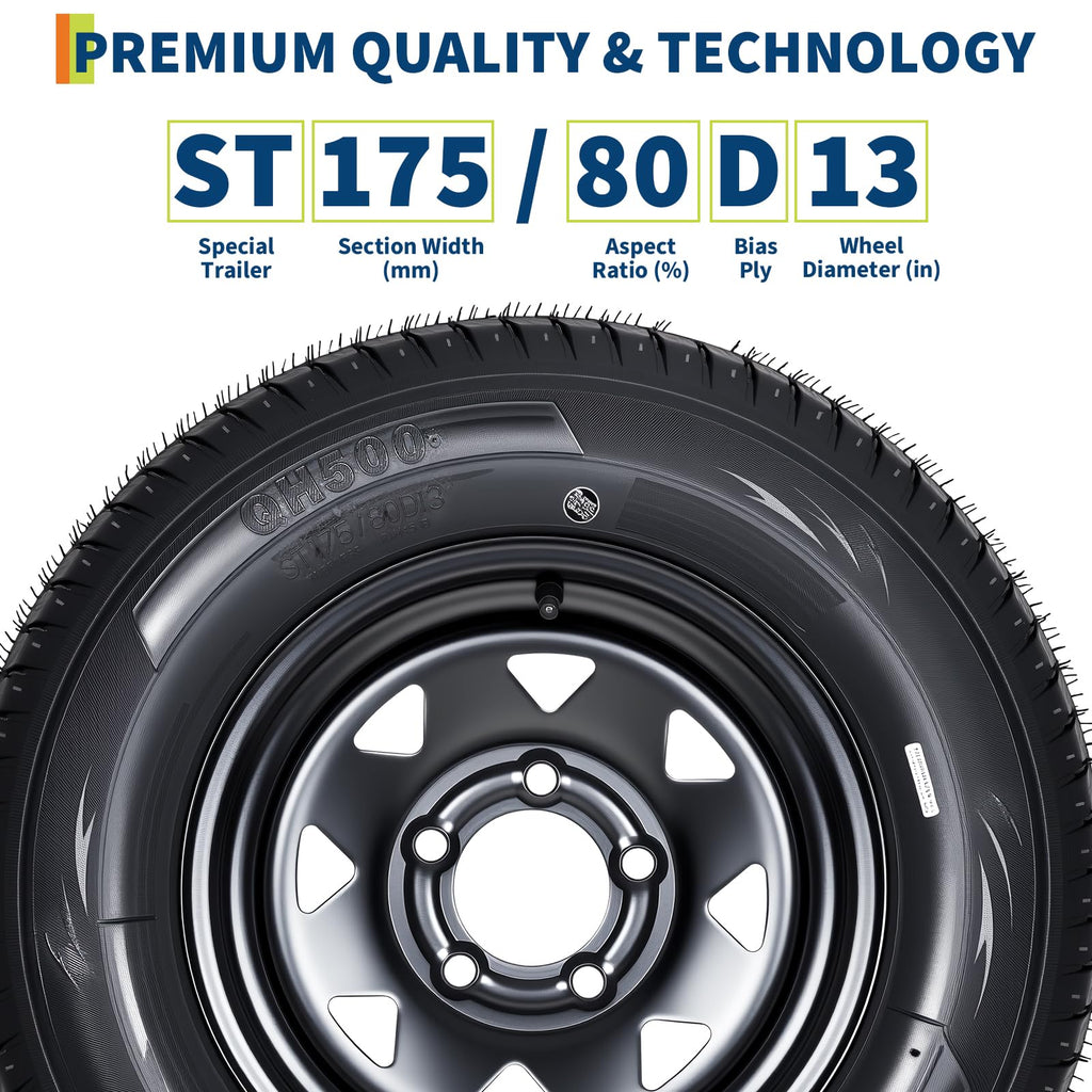 Garvee 2-Pack ST175/80D13 Trailer Tires with Black 13" Spoke Wheel