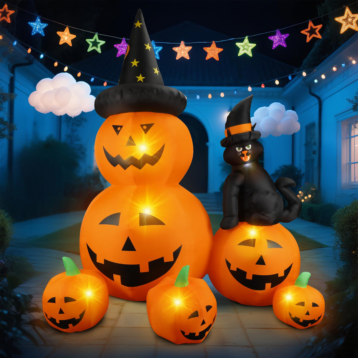 6Ft Halloween Inflatable Decorations Pumpkins Patch Lanterns with Black Cat with Build-in LEDs Blow Up Inflatables for Outdoor Decoration Balcony