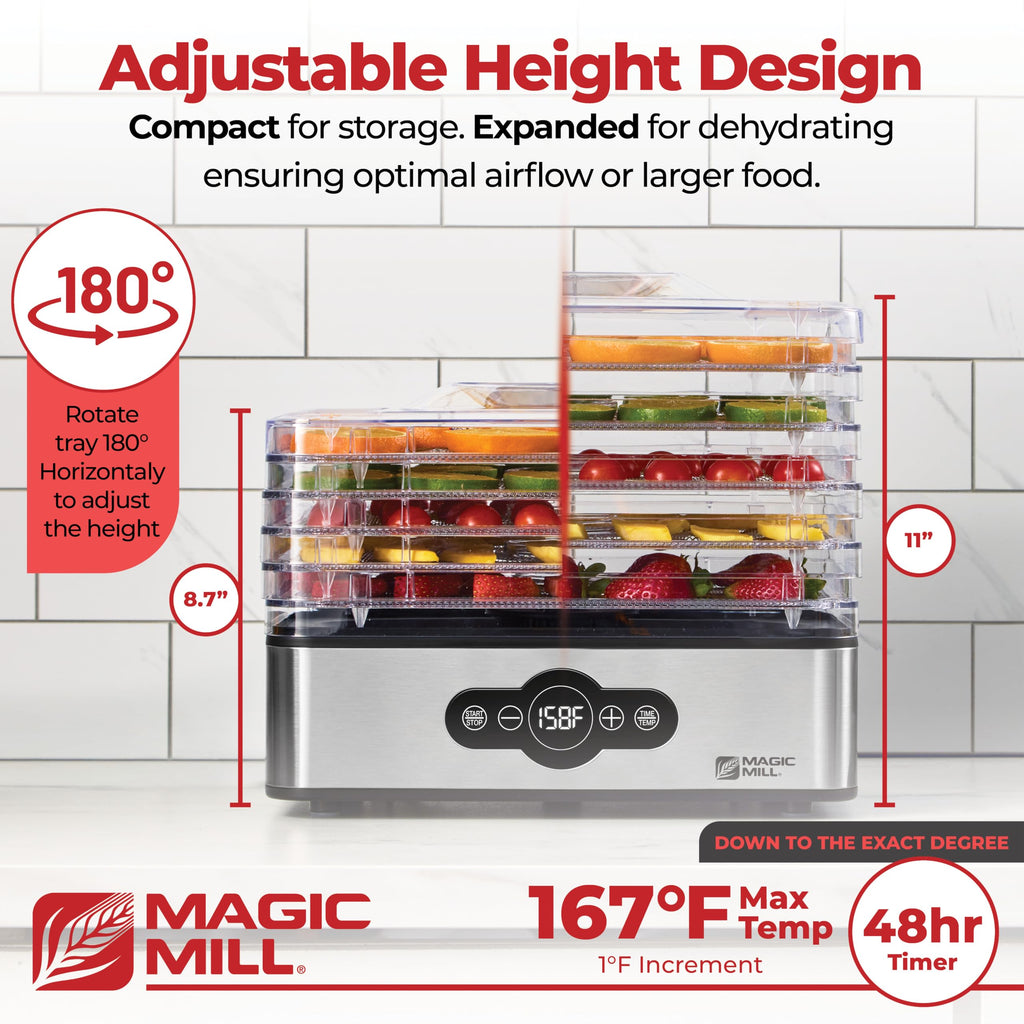 Magic Mill Food Dehydrator Machine | 5 Stackable Stainless Steel Trays, 48H Digital Adjustable Timer & Temperature Control Upto 167° Electric Dryer &