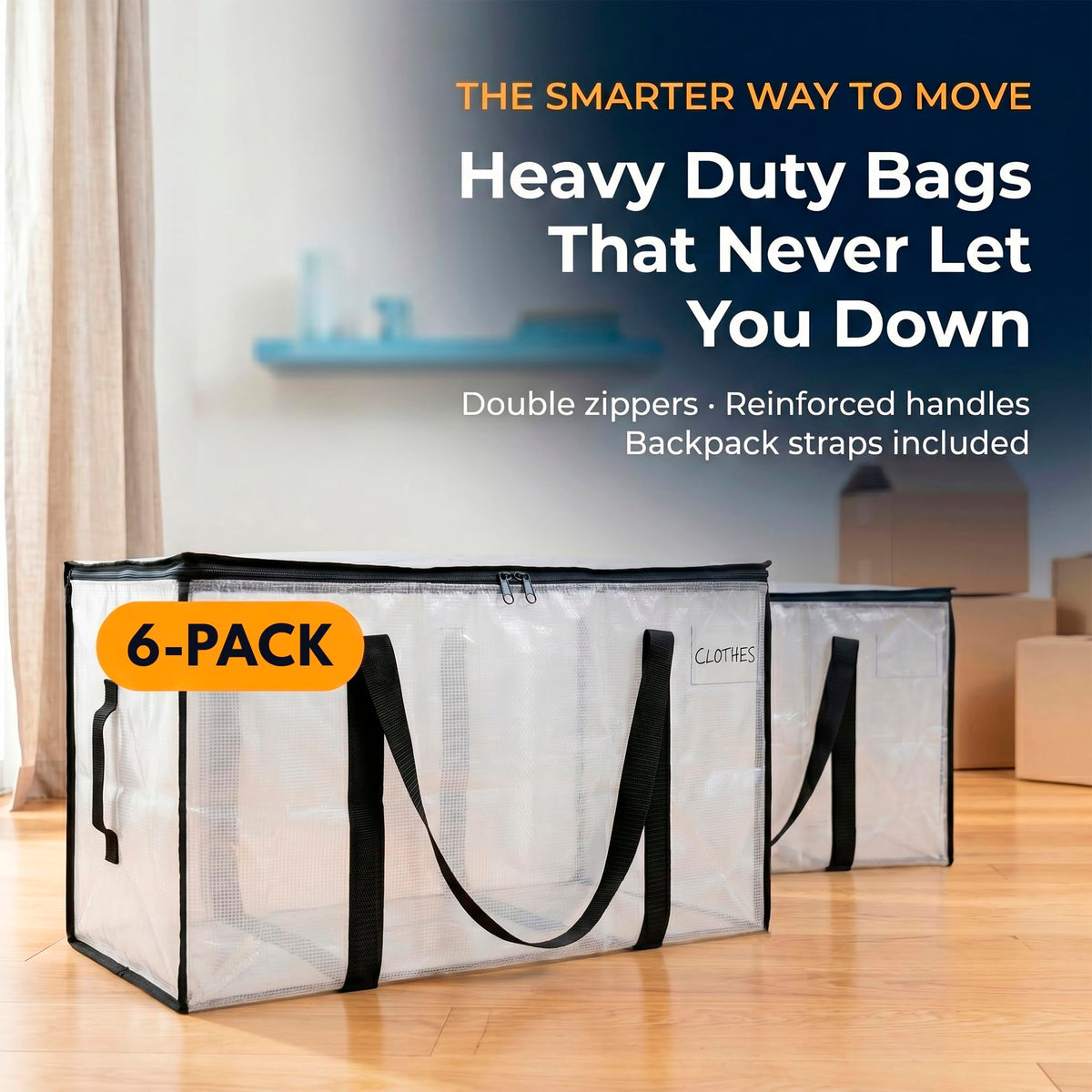 ClearSpace Heavy Duty Moving Bags - Water Resistant Storage Bags with Backpack Straps, Zippers and Handles - Large Moving Boxes for College Dorm
