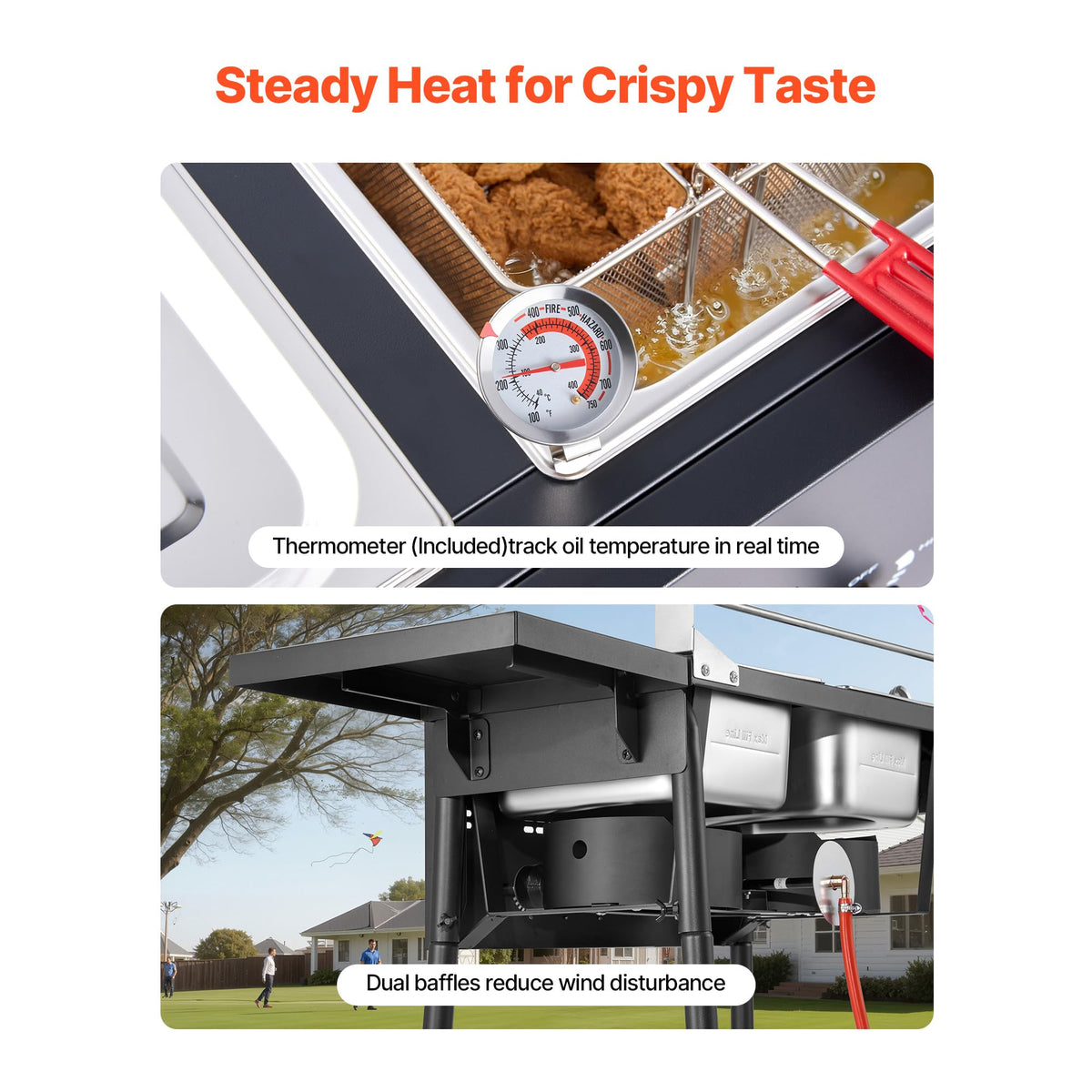 VEVOR Outdoor Propane Deep Fryer, Double Burners Commercial Fryer, 16 Qt Stainless Steel Cooker with Removable Baskets & Lids & Tanks, Oil Fryer Cart