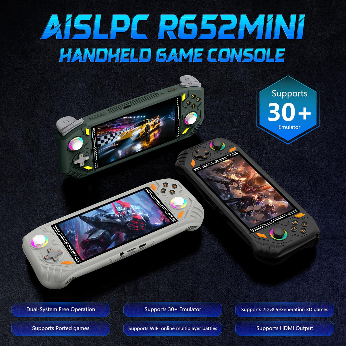 RG52MINI Retro Handheld Game Console, 5.5 Inch IPS Screen, Portable Dual System, 64GB Support 30+ Emulator&22000+ Classic Games, WiFi Networked