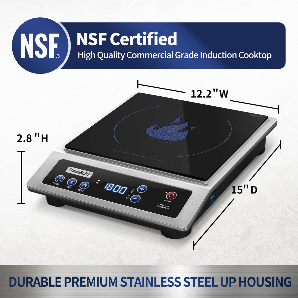 ChangBERT Induction Cooktop, Commercial Grade Portable Cooker, Large 8” Heating Coil, Premium Stainless Steel Countertop Burner with NSF Certified
