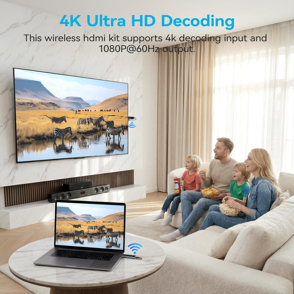 2026 New Wireless HDMI Transmitter and Receiver, 360FT/110M Extender 4K Decode 1080P@60Hz Output with LED Display, Plug&Play 5.8+2.4G Streaming