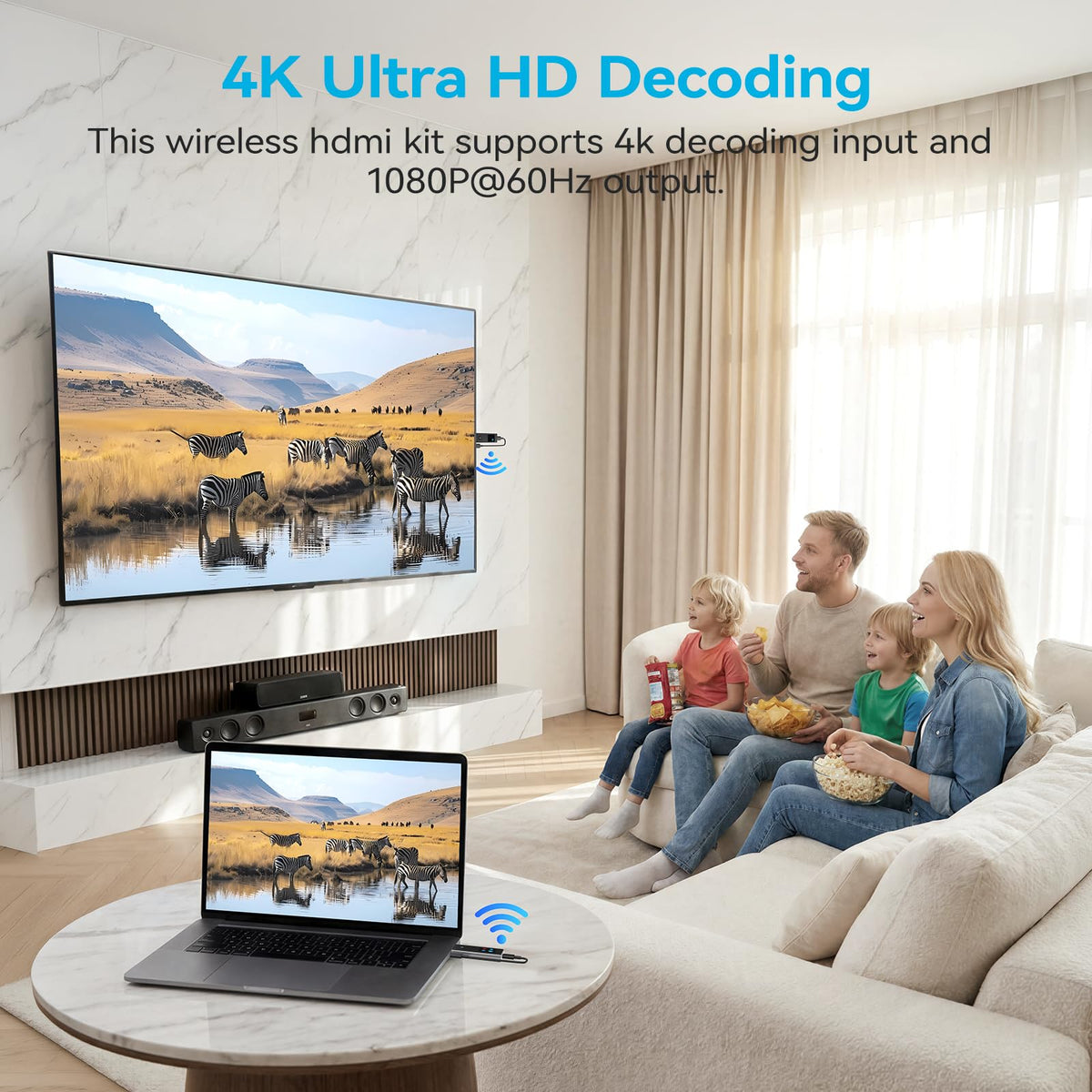 2026 New Wireless HDMI Transmitter and Receiver, 360FT/110M Extender 4K Decode 1080P@60Hz Output with LED Display, Plug&Play 5.8+2.4G Streaming