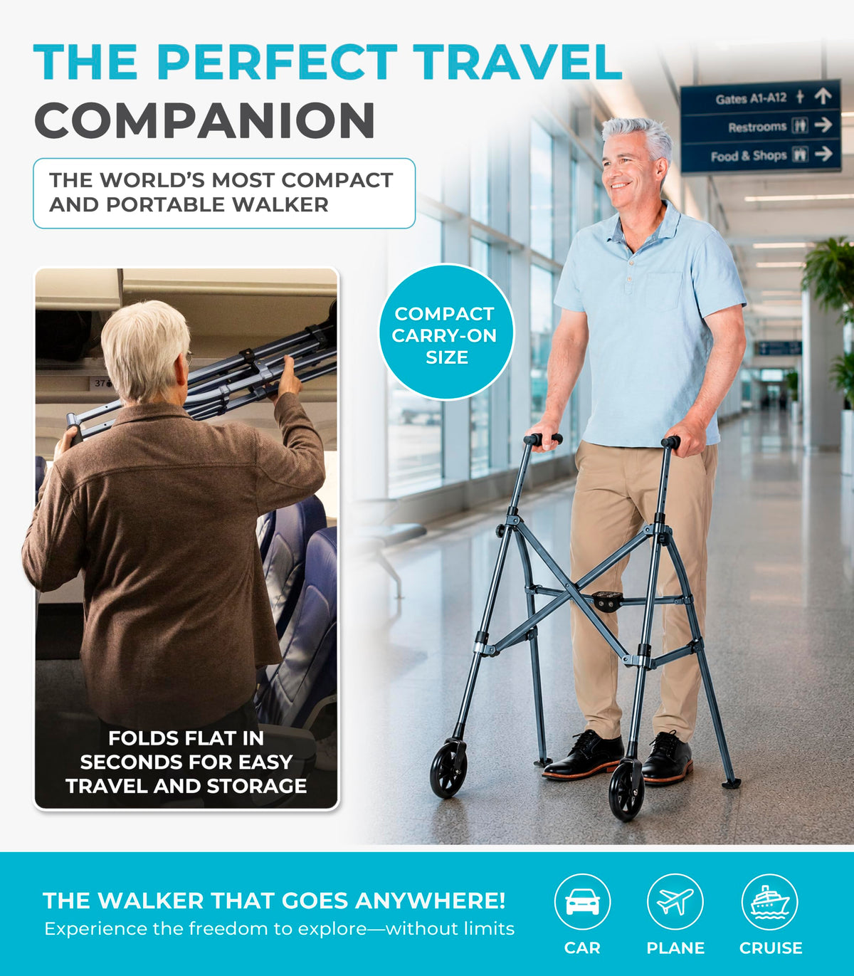 Stander Space Saver Walker, Lightweight Folding Rolling Mobility Aid for Seniors & Adults, Compact 2-Wheel Disability Device with 6-inch Wheels & Ski