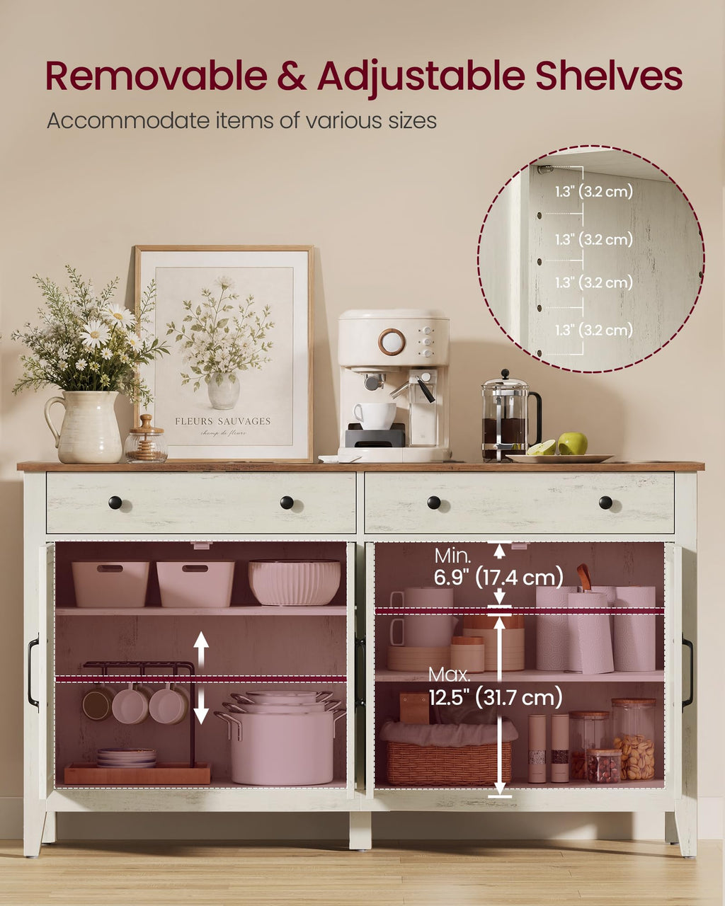 VASAGLE Farmhouse Buffet Cabinet, Coffee Bar with 2 Drawers
