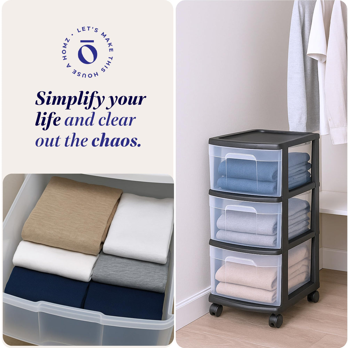Homz 3 Drawer Plastic Storage Cart Organizer, Clear Drawers, Black Frame