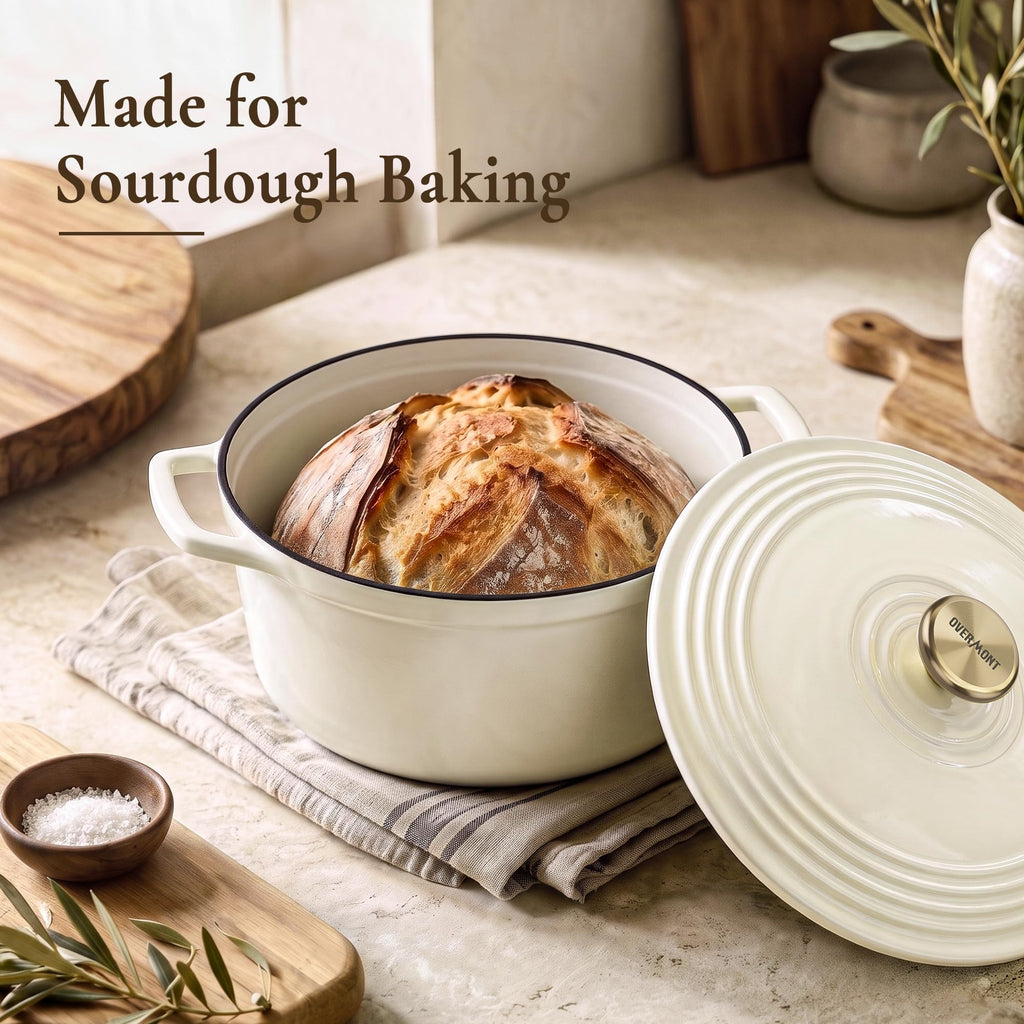 Overmont Enameled Cast Iron Dutch Oven - 5.5QT Pot with Lid Cookbook & Cotton Potholders - Heavy-Duty Cookware for Braising, Stews, Roasting