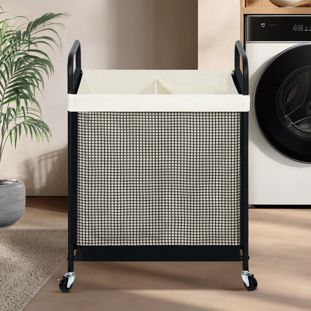 Laundry Hamper 2 Section, 100L Rolling Laundry Sorter Cart with Removable and Washable Liner Bag, Clothes Hamper with Wheels and Metal Handle for