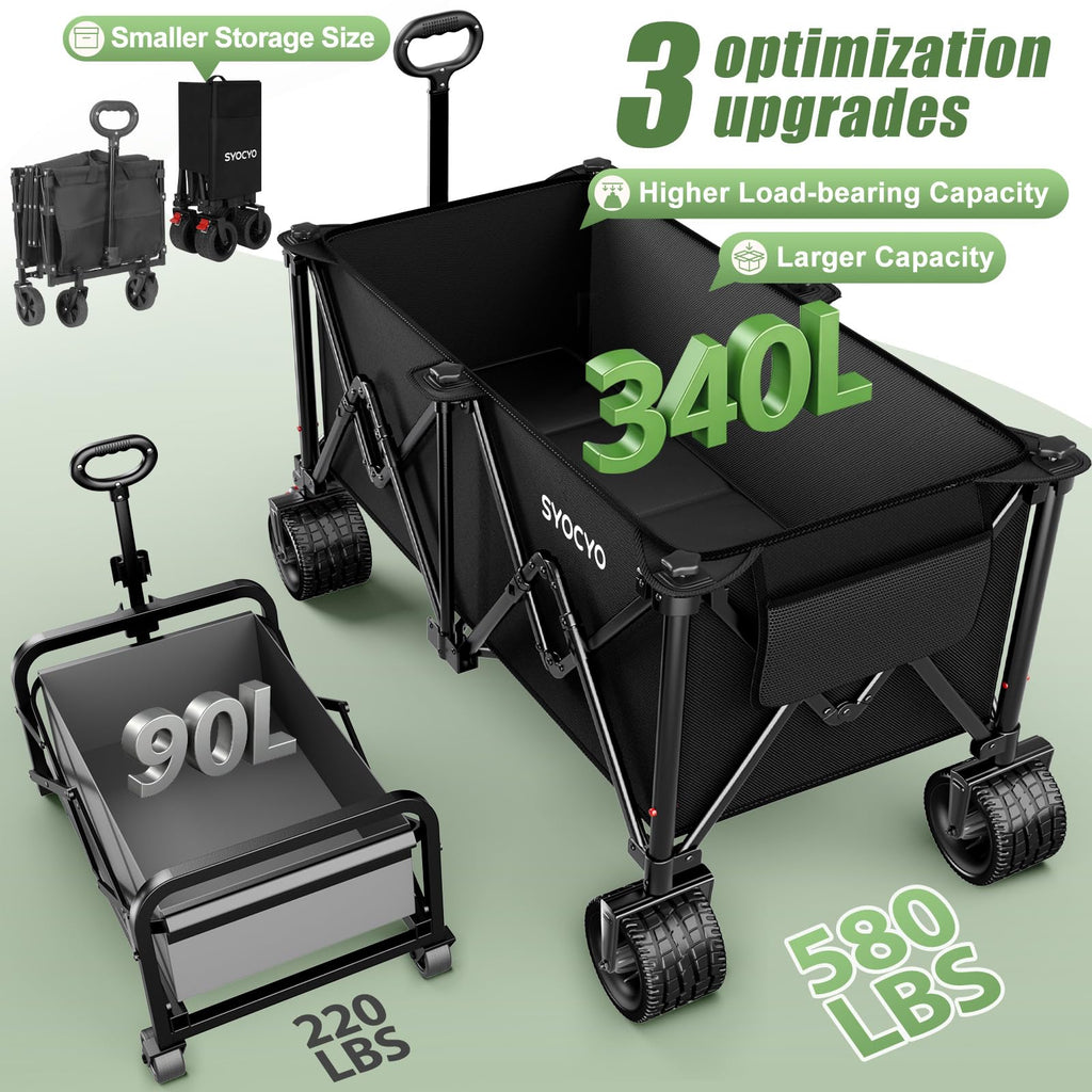 Beach Wagon Carts Foldable 580LBS Collapsible Wagon with Big All-Terrain Wheels for Sand 340L Heavy Duty Utility Carts with Cup Holders for Garden