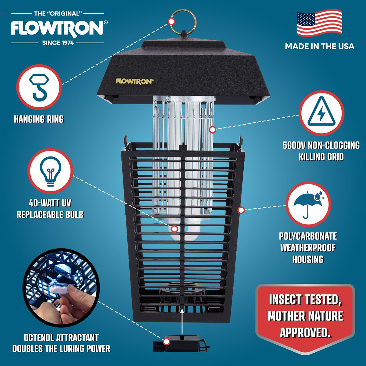 Flowtron Electric Bug Zapper, 1 Acre Outdoor, 40W UV, 5600V Zap, Black