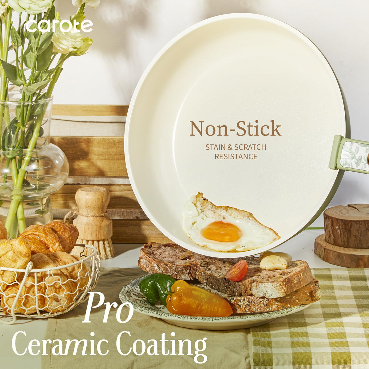 CAROTE 25pcs Ceramic Cookware Set, Detachable Handle Pots and Pans, Green