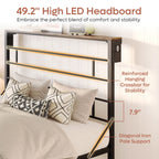 Bestier Queen Size Bed Frame with 49.2" High LED Storage Headboard Shelf, Metal Platform Bed, Black