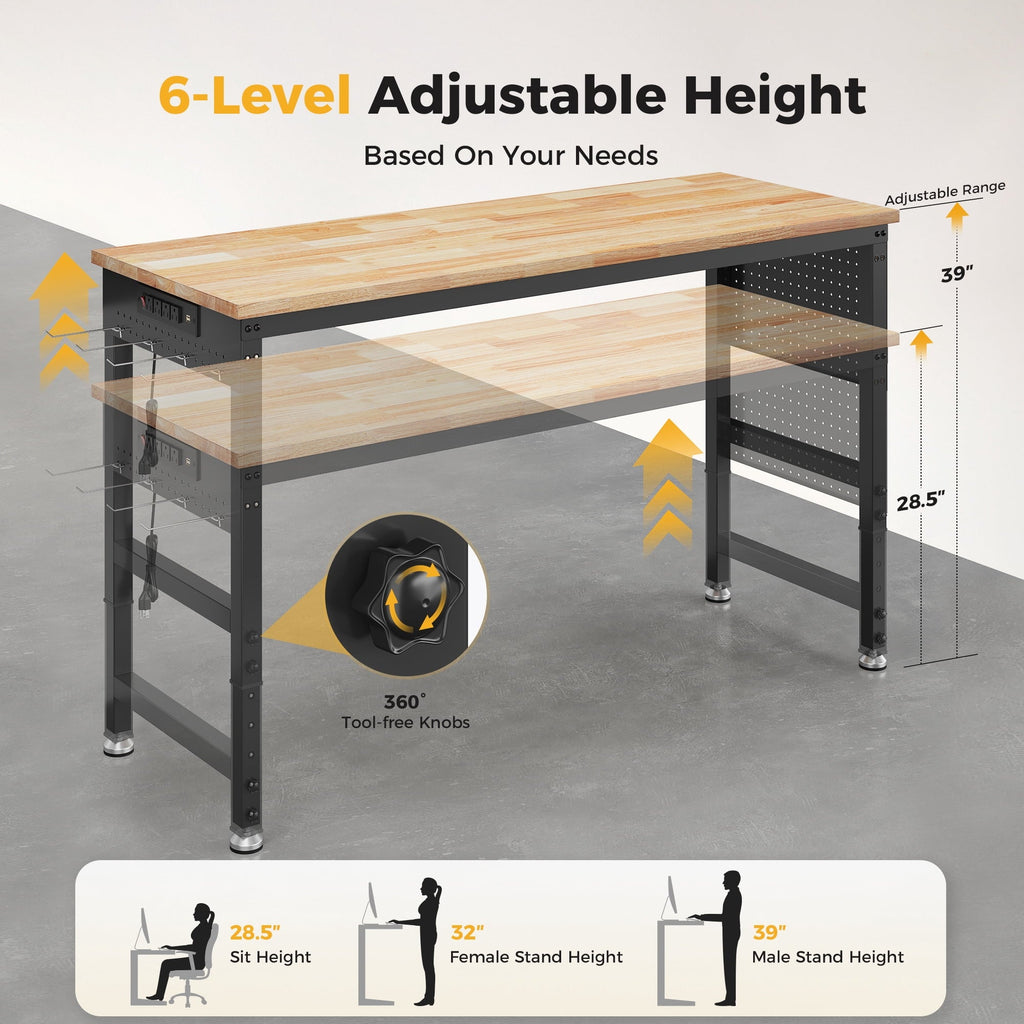 CAMMOO 60" Adjustable Heavy Duty Workbench, 2000 lbs Load Work Table with Pegboard, Power Outlets, Work Bench for Garage, Office, Home