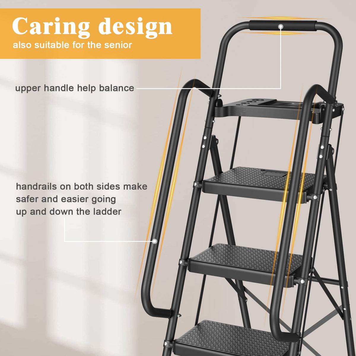 JOZ 5-Step Ladder, 800lbs Portable Folding Ladders for Home, with Handrails and Tool Tray and Anti-Slip Pedal, Black