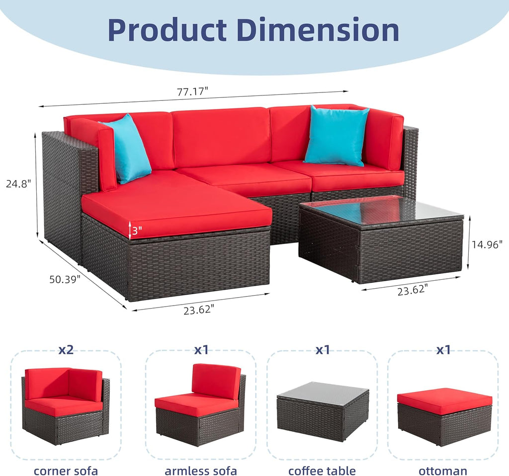 5-Piece All-Weather Wicker Patio Conversation Set With Ottoman And Cushions