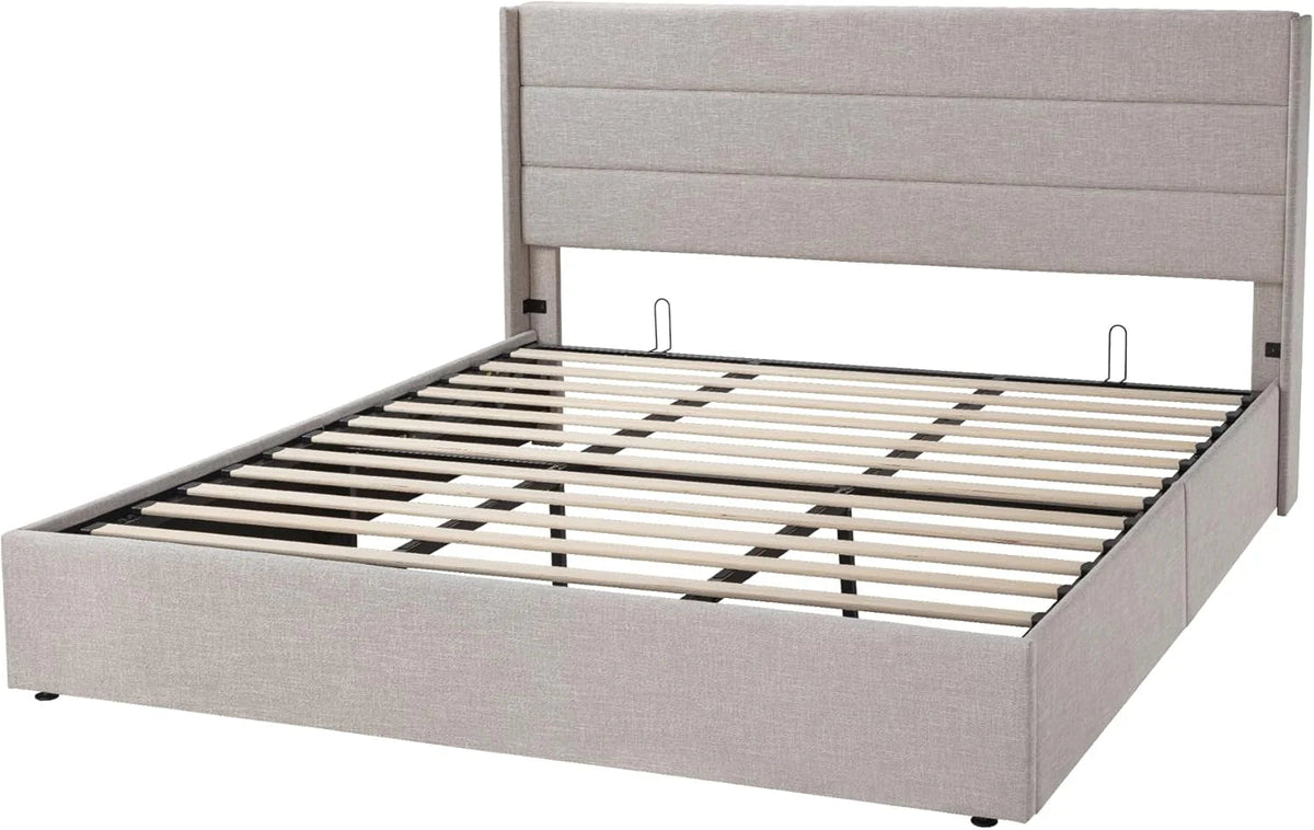 Allewie Queen Lift Up Storage Bed Frame With Wingback Headboard, Light Beige - 80.7 x 60.6 x 44.5 in
