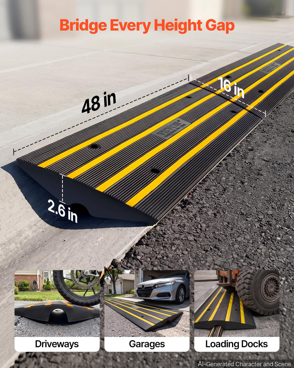 VEVOR Rubber Curb Ramps for Driveway, 2 Pack Threshold Bridge, 33069 lbs Load Capacity, 2.5" Rise, with Reflective Safety Strips, Ideal for Cars, RVs