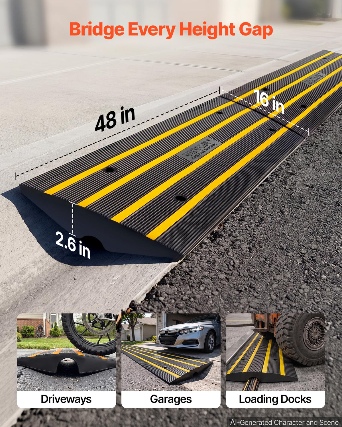 VEVOR Rubber Curb Ramps for Driveway, 2 Pack Threshold Bridge, 33069 lbs Load Capacity, 2.5" Rise, with Reflective Safety Strips, Ideal for Cars, RVs