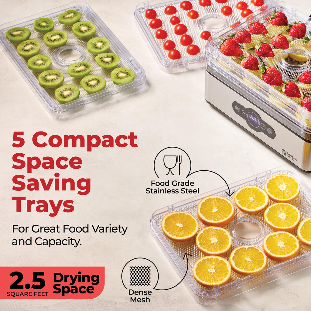 Magic Mill Food Dehydrator Machine | 5 Stackable Stainless Steel Trays, 48H Digital Adjustable Timer & Temperature Control Upto 167° Electric Dryer &