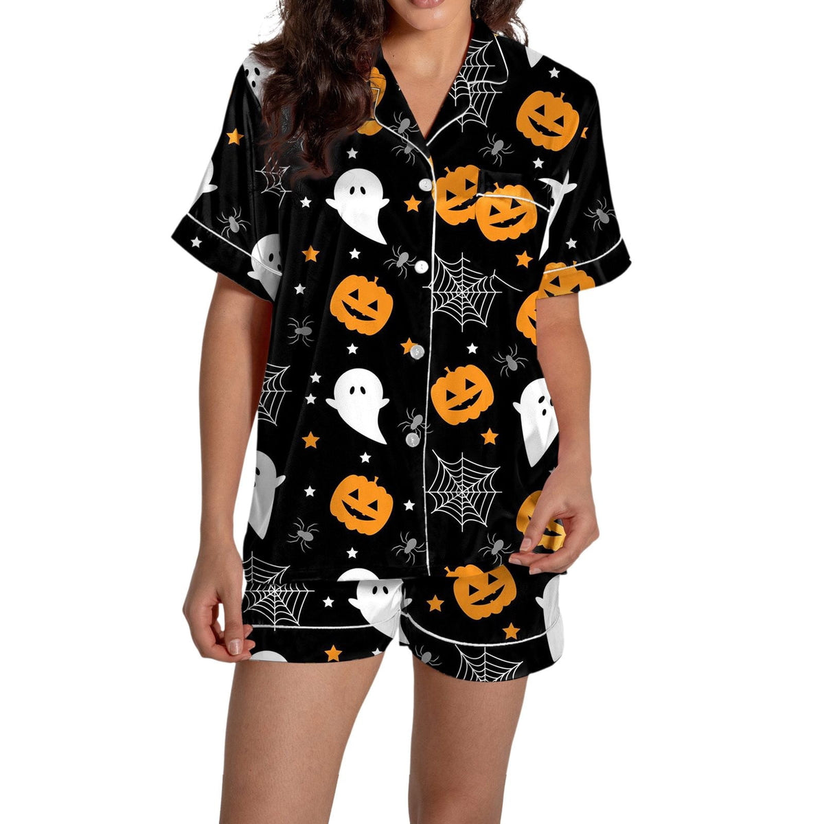 ChenYiFH Halloween Pajama Sets For Women 2 Piece Pumpkin Print Shirts And Pajamas Shorts Button Down Short Sleeve Sleepwear Black S