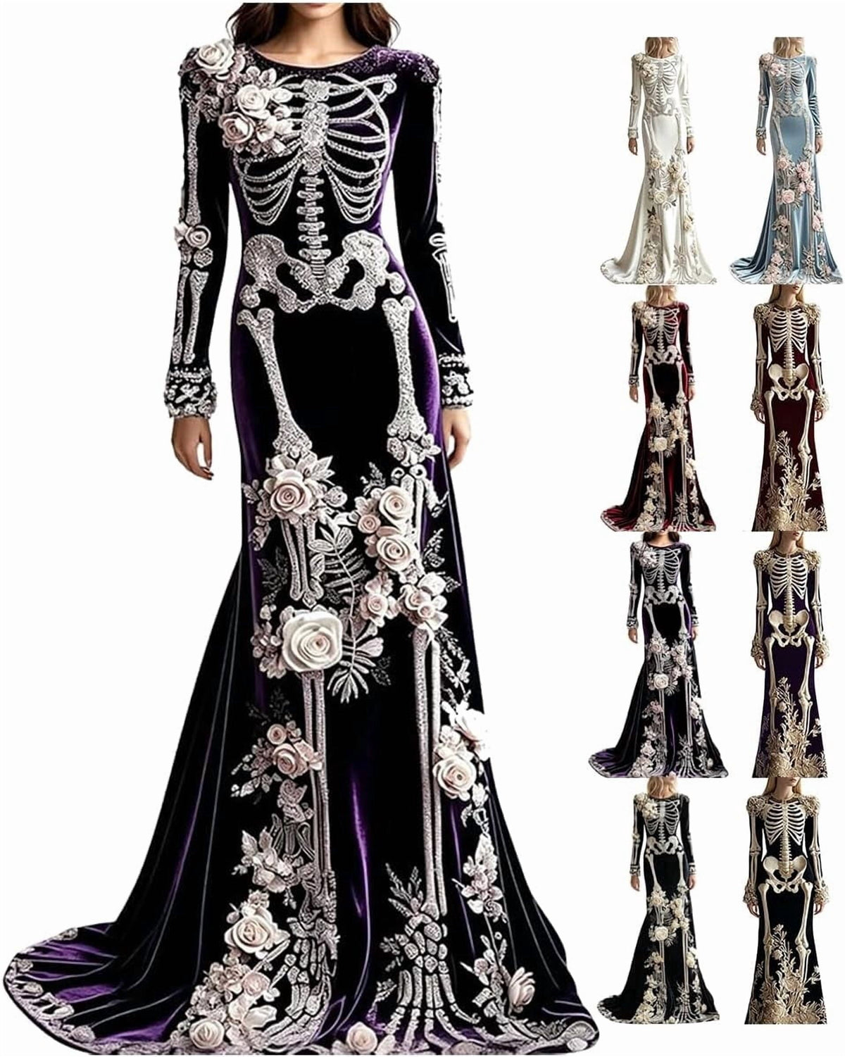 Women Skeleton Dress 3D Print Velvet Floral Long Sleeve Halloween Costumes, Skeleton Costume for Women Cosplay Party