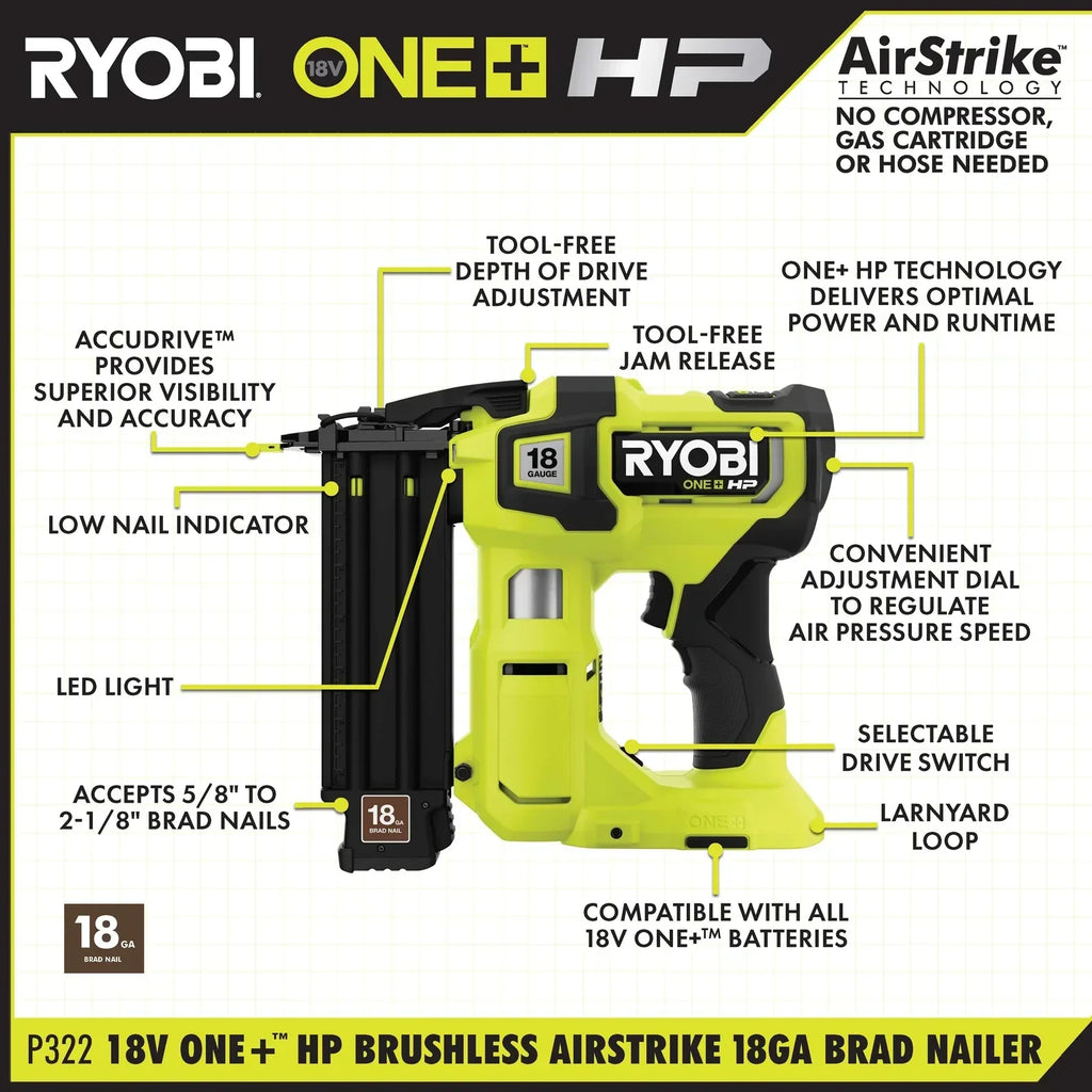 RYOBI 18V ONE+ HP Brushless AirStrike 18GA Brad Nailer