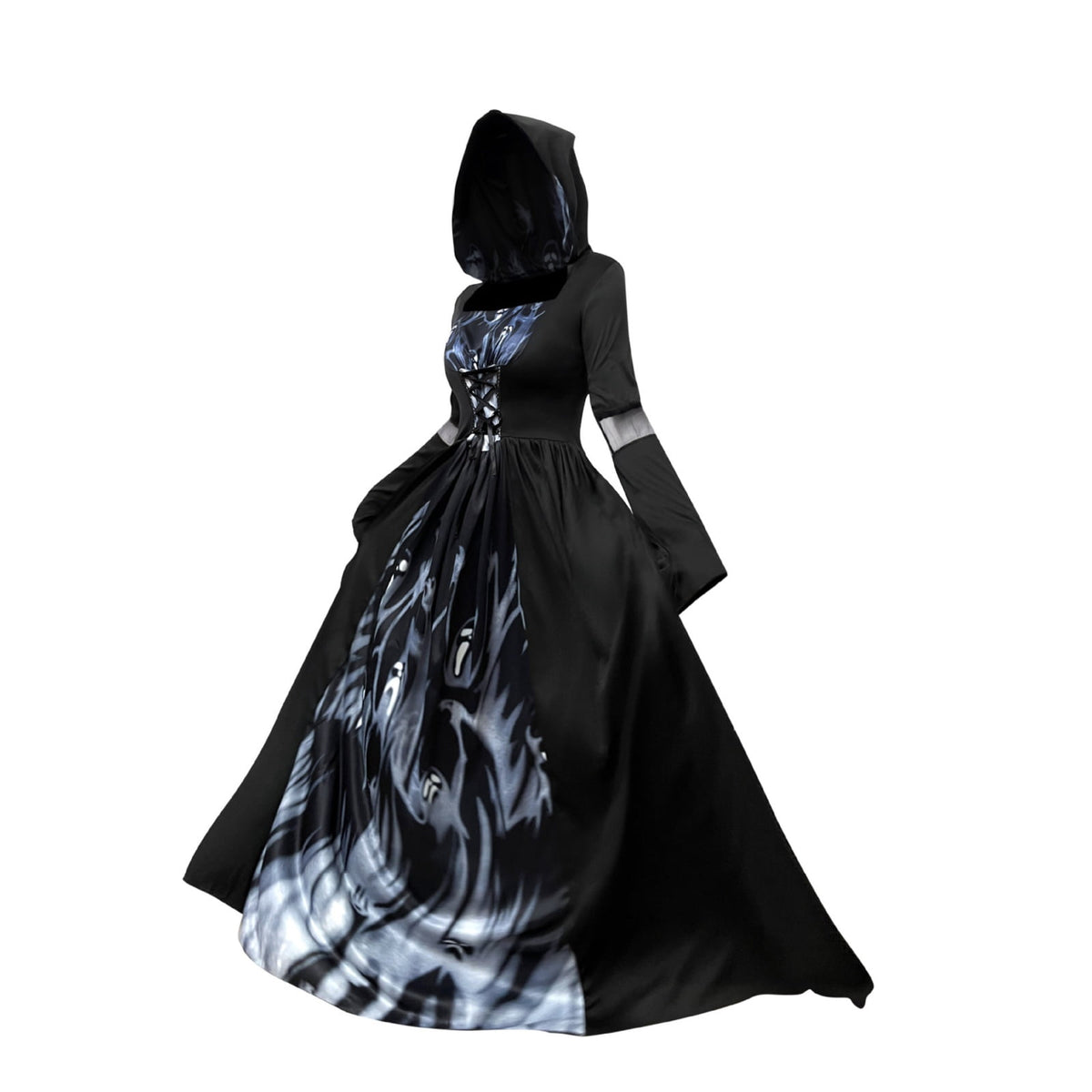 Dark Mage Hooded Robe for Women Halloween Witch Costume with Flared Sleeves & Fitted Bodice