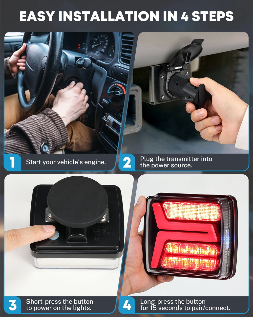 Kohree Wireless Trailer Lights Magnetic, 328 FT Signal Synchronization, Rechargeable Wireless Trailer Tow Lights LED Kit, IP67 Waterproof, 10-Hour
