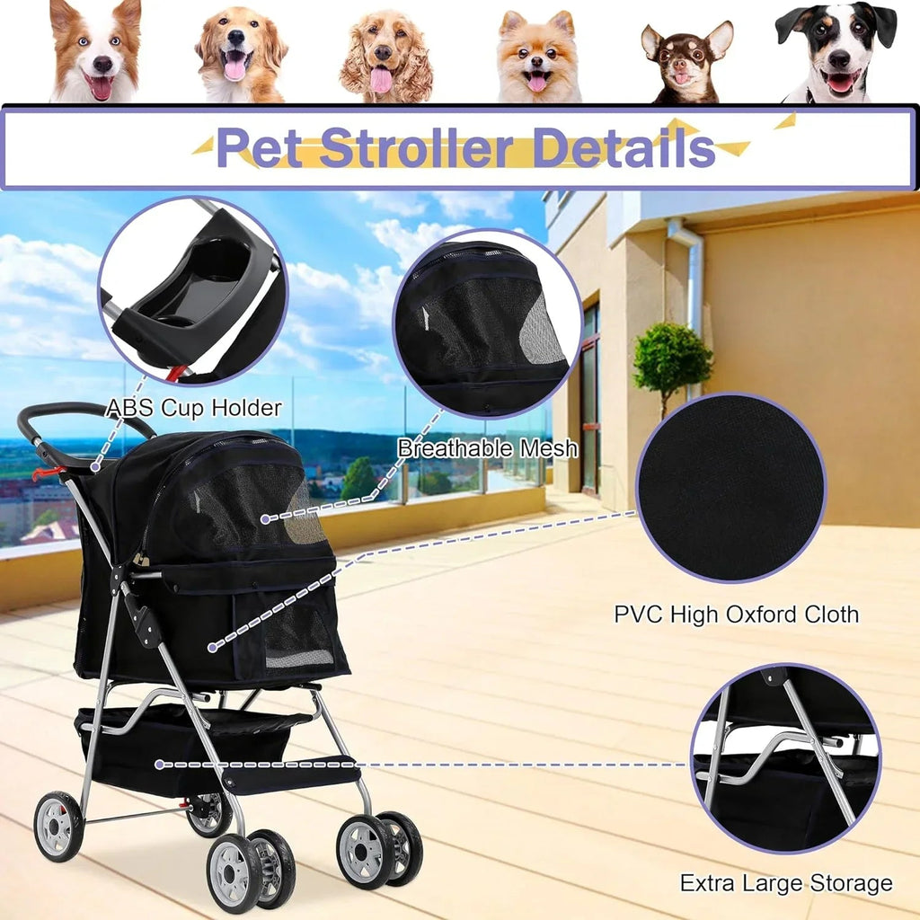 Folding Pet Stroller With 4 Wheels, Cup Holder And Storage Basket, Black