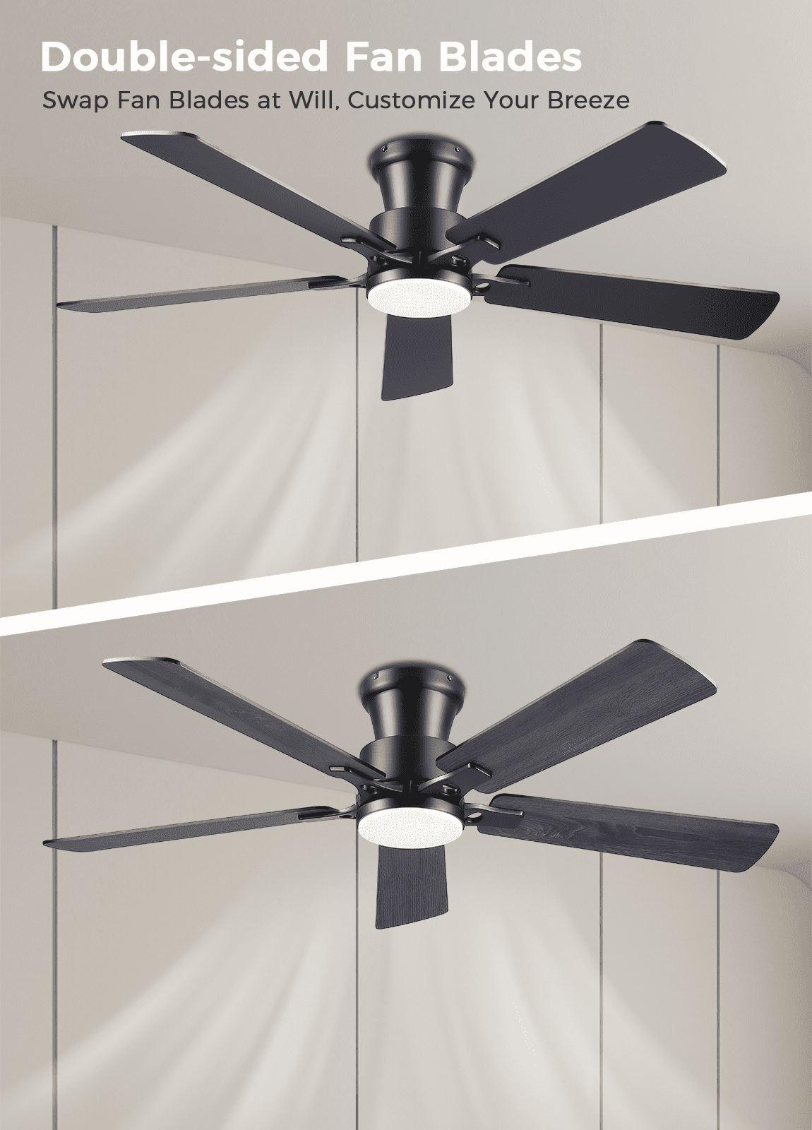 52Inch Ceiling Fan with Lights and Remotes, Modern Low Profile Flush Mount Ceiling Fans,DC Reversible Motor, 3CCT Dimmable,Noiseless,Dual Finish