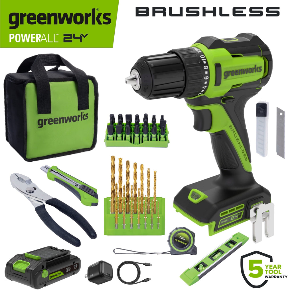 Greenworks PowerAll 24V 3/8" 280 in-lb Drill and 60 Piece Hand Tool/Accessories Project Kit, with 2.0 Ah USB-C Battery, 30W USB-C Charger Block