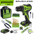 Greenworks PowerAll 24V 3/8" 280 in-lb Drill and 60 Piece Hand Tool/Accessories Project Kit, with 2.0 Ah USB-C Battery, 30W USB-C Charger Block