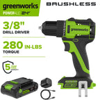 Greenworks PowerAll 24V 3/8" 280 in-lb Drill, with 2.0 Ah USB-C Battery, 30W USB-C Charger Block, 3' 100W USB-C Cable