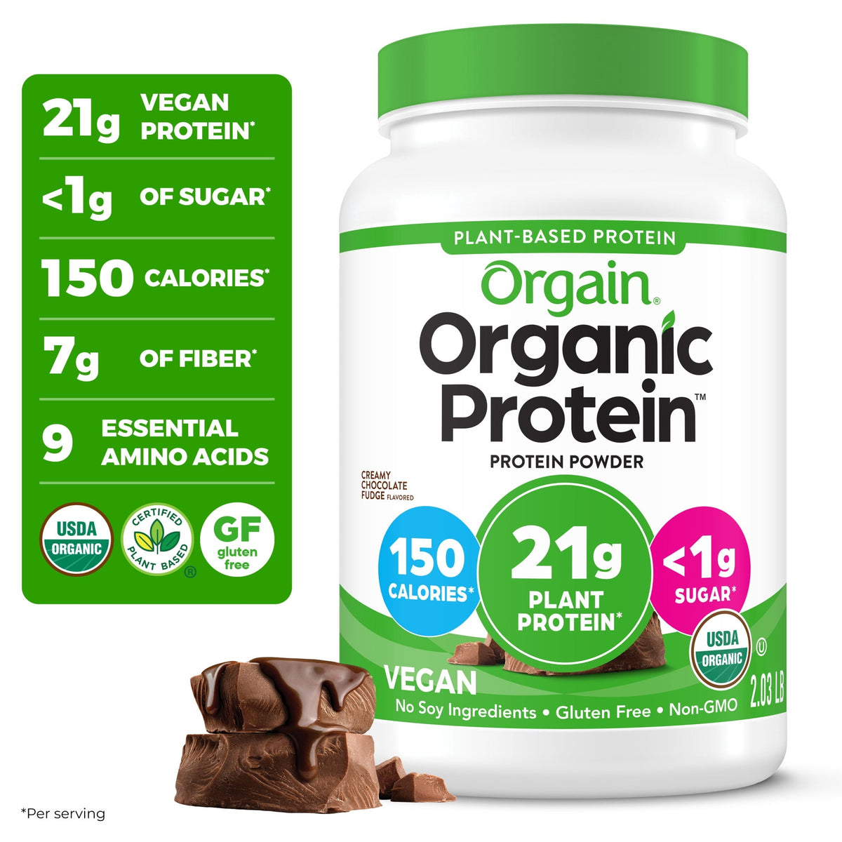Orgain Organic Vegan 21g Protein Powder, Plant Based, Creamy Chocolate 2.03lb