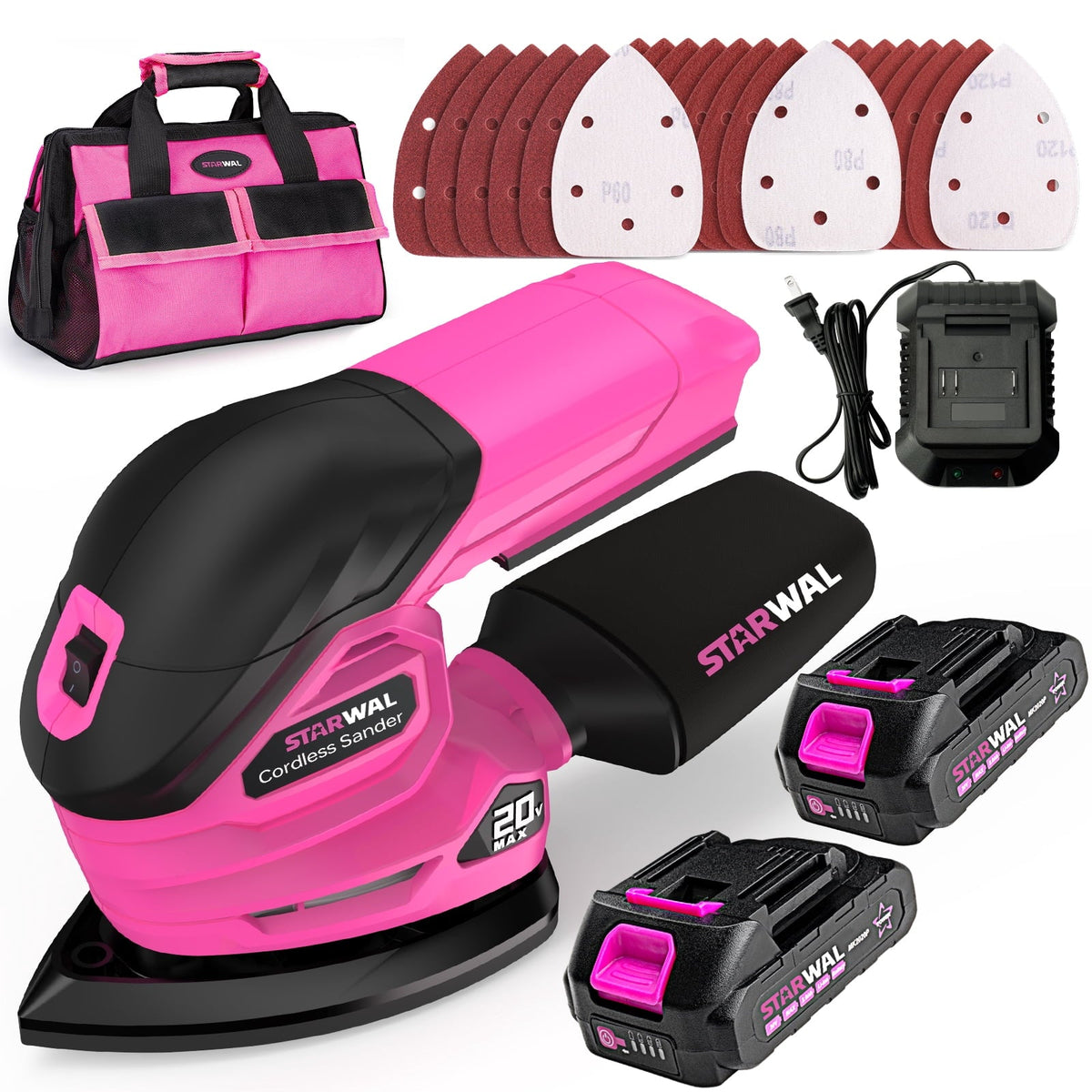 Starwal 20V Cordless Detail Sander - 12000 RPM Electric Hand Sander, Compact Palm Sander for Tight Spaces Woodworking, 2*2.0Ah Batteries and Charger