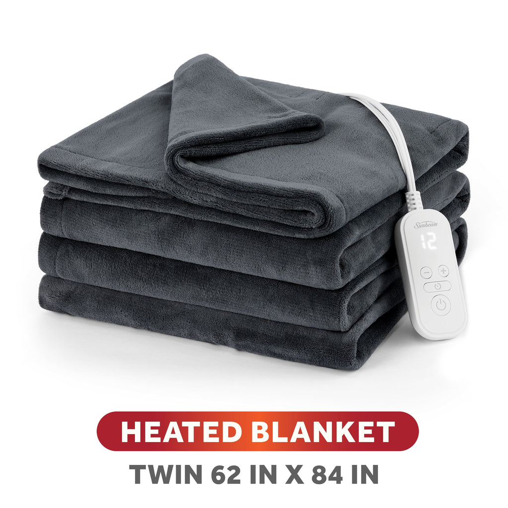 Sunbeam Heated Electric Microplush Bed Blanket, Greystone, Twin Size, 12 Heat Settings, 62 x 84 in