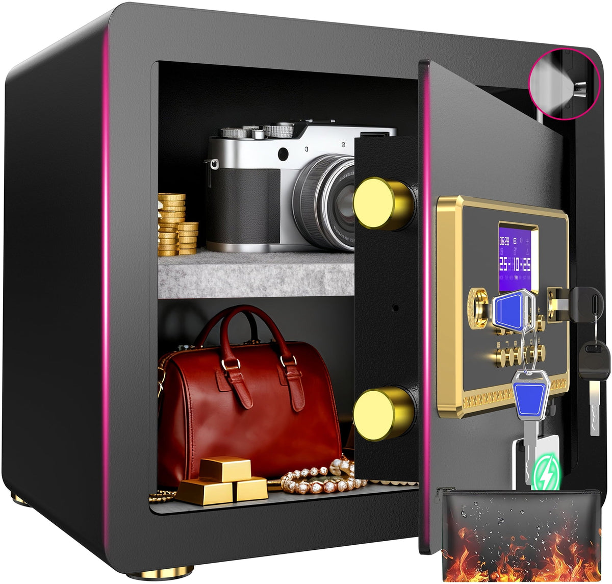 SYSENFO 1.5 Cuft Home Security Safe Box with Digital Keypad, Adjustable Shelf, Fireproof & Waterproof Bag