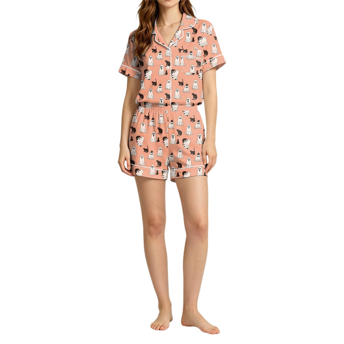 MEZZALL Women Halloween Printed Pajama With Lapel Collar Short Sleeve Tops And Shorts For Home Wear Cozy For Lightweight And Breathable Comfort Relaxed Fit 2 Piece Pjs
