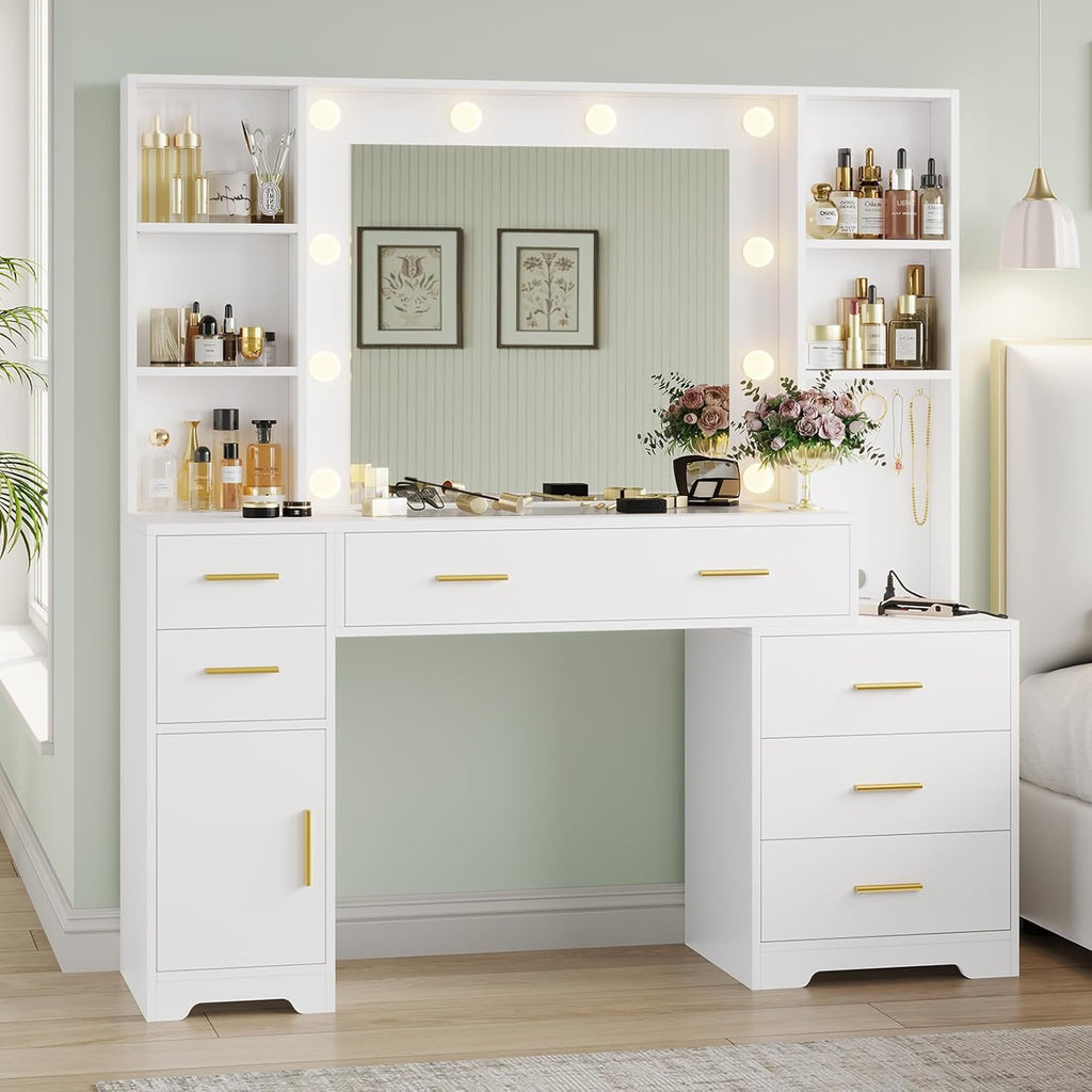 Hasuit Vanity Desk With Lighted Mirror, 48.8 in, White, 6 Drawers, 4 Shelves, 1 Storage Cabinet