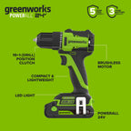 Greenworks PowerAll 24V 3/8" 280 in-lb Drill, with 2.0 Ah USB-C Battery, 30W USB-C Charger Block, 3' 100W USB-C Cable