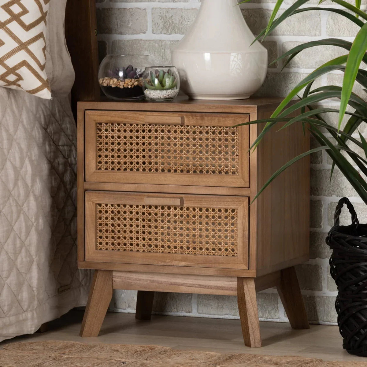 Baxton Studio Walnut Brown Finished Wood 2-Drawer Nightstand With Rattan - Baden