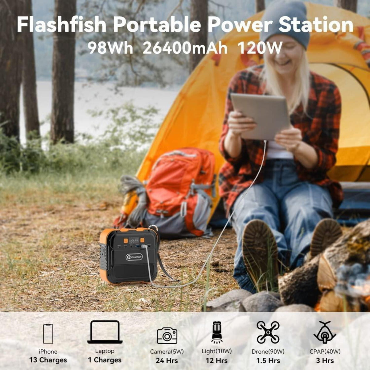 Flashfish Portable Power Station Mini Solar Generator, 98Wh 26400mAh Lithium Battery, 120W 110V AC Outlets with LED Light Backup Battery For Camping