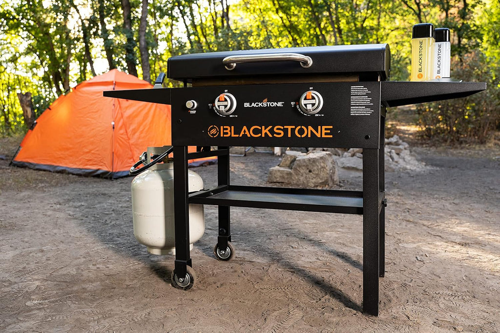 BLACKSTONE Original 28 inch Griddle With Integrated Protective Hood And Counter Height Side Shelves, Powder Coated Steel, Black - 1883