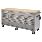 72-Inch 18-Drawer Mobile Workbench, 24-Inch Deep, Solid Wood Top, Stainless Steel Finish