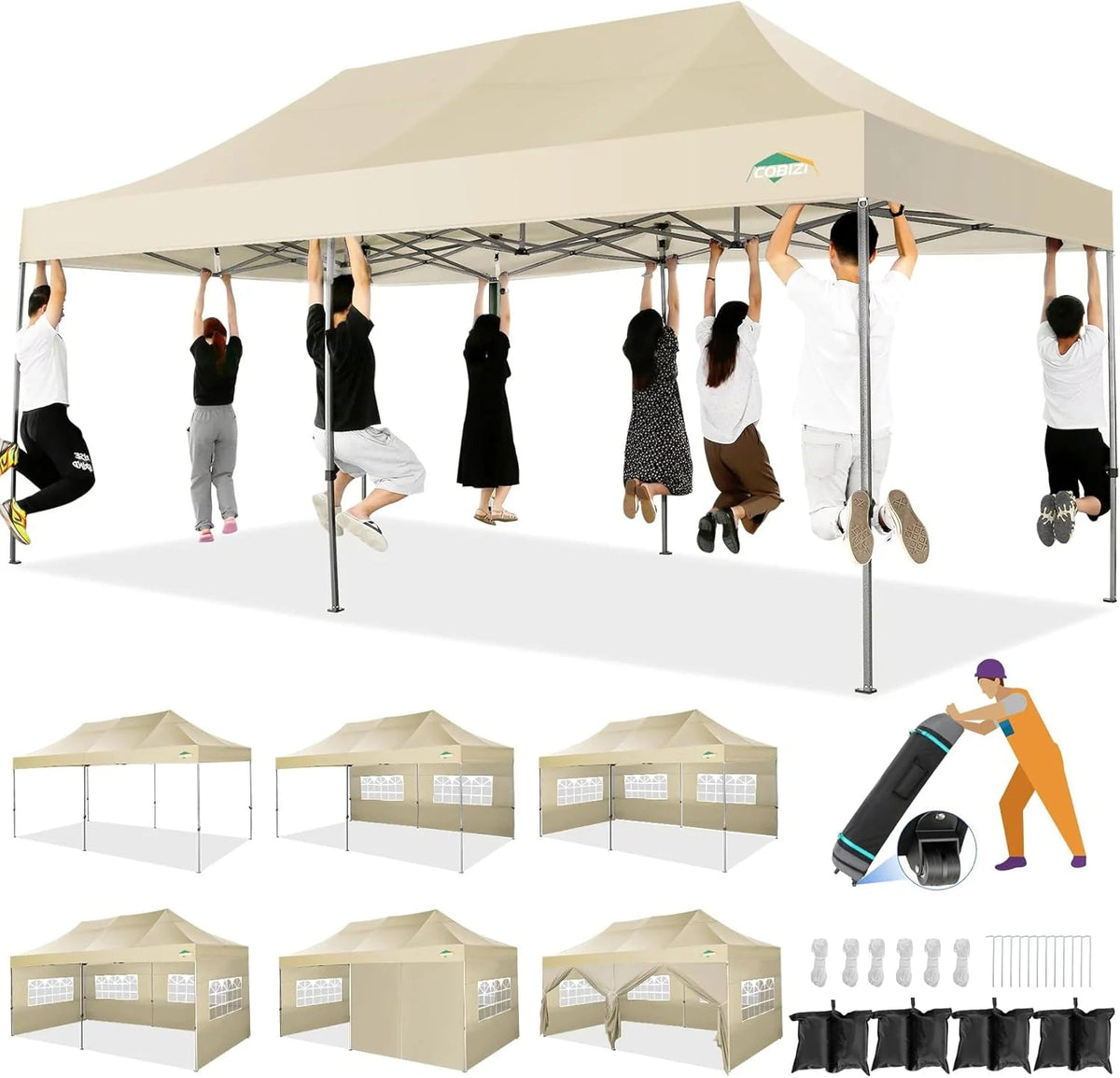 COBIZI 10x20 Heavy Duty Pop-Up Canopy Tent With 6 Sidewalls - Black
