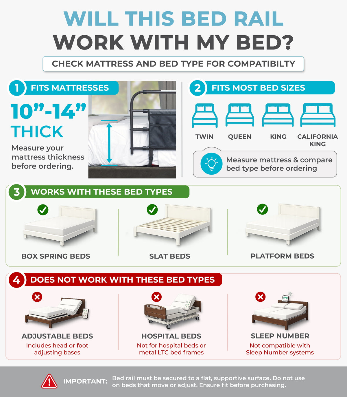 Stander Wonder EZ Adjust Bed Rail, Non-Pivoting Adjustable Bed Rail for Seniors and Safety Railing with Organizer Pouch, ASTM Safety Approved, Black